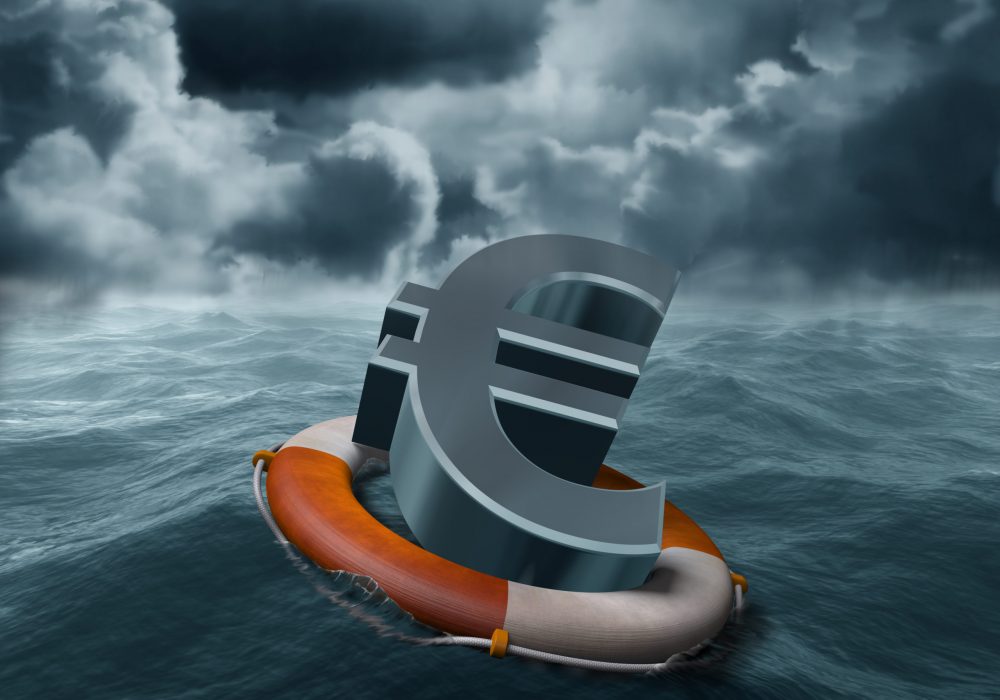 Illustration of a euro symbol being saved from stormy weather